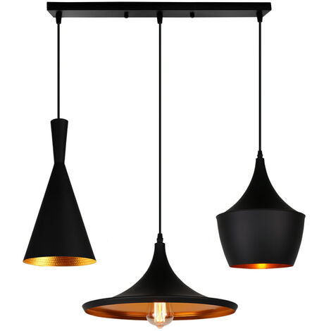 Axhup – Lustre suspension vintage en métal noir et doré – 3 abat-jours E27 – Longueur câble 100 cm – Pour salon, restaurant, bar, café