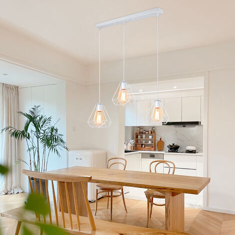 Suspension Luminaire Industrielle en Barre Lustre Abat-jour Cage Diamant Metal Blanc