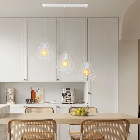 Suspension Luminaire Industrielle en Barre Lustre Abat-jour Cage Diamant Metal Blanc