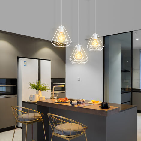 Suspension Luminaire Industrielle en Barre Lustre Abat-jour Cage Diamant Metal Blanc