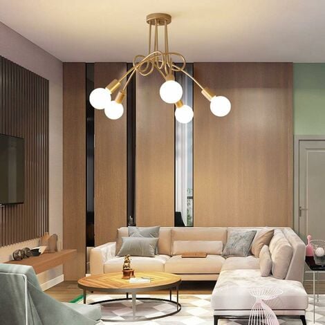 Plafonnier Industrielle Rétro en Métal Lustre Abat-jour E27 Luminaire Moderne pour Salon Chambre Salle à Manger 5 Tête Doré
