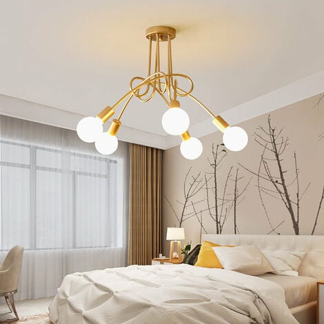 Plafonnier Industrielle Rétro en Métal Lustre Abat-jour E27 Luminaire Moderne pour Salon Chambre Salle à Manger 5 Tête Doré