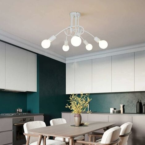 Plafonnier Industrielle Rétro en Métal Lustre Abat-jour E27 Luminaire Moderne pour Salon Chambre Salle à Manger 5 Tête Blanc