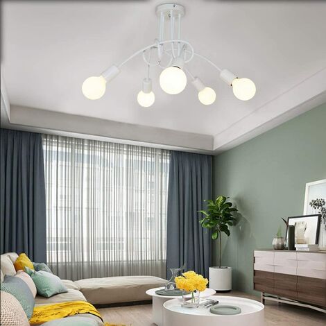Plafonnier Industrielle Rétro en Métal Lustre Abat-jour E27 Luminaire Moderne pour Salon Chambre Salle à Manger 5 Tête Blanc