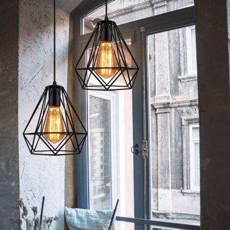 Retro Lustre Suspension Industrielle E27 Plafonnier Lampe Abat-jour Forme Diamant Luminaire pour Salon Chambre Couloir Noir - 1PCS