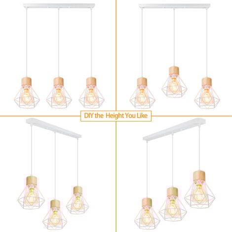 3 Lumières E27 Suspension Luminaire en Forme Diamant Lampe de Plafond  Industrielle Rétro Plafonnier en Métal Bois pour Salle à Manger Chambre Salon Blanc