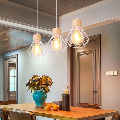 3 Lumières Lustre Suspension en Métal et Bois Lampe de Plafond en Forme Diamant Plafonnier Industrielle Rétro E27 pour Salle à Manger Chambre Salon Blanc