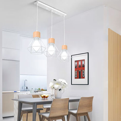 3 Lumières Lustre Suspension en Métal et Bois Lampe de Plafond en Forme Diamant Plafonnier Industrielle Rétro E27 pour Salle à Manger Chambre Salon Blanc