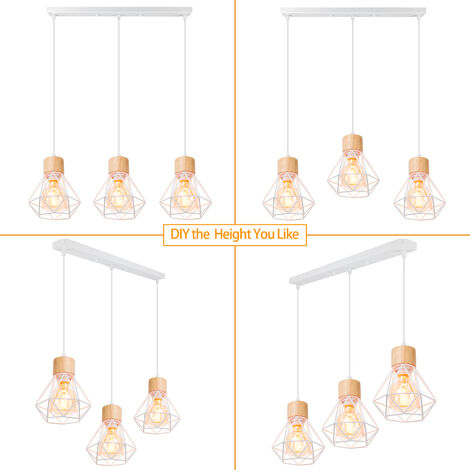 3 Lumières Lustre Suspension en Métal et Bois Lampe de Plafond en Forme Diamant Plafonnier Industrielle Rétro E27 pour Salle à Manger Chambre Salon Blanc