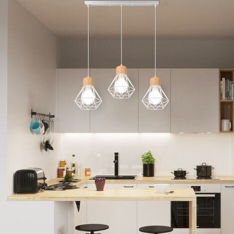 Industrielle Suspension Luminaire 3 Lampes E27 en Forme Diamant en Métal Bois Lampe de Plafond Rétro Plafonnier  Abat-Jour pour Salle à Manger Chambre Salon Blanc