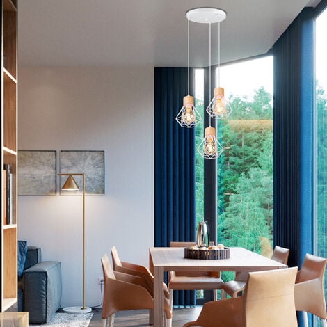 3 Lumières Lustre Suspension Industriel Abat-jour en Forme Diamant Lampe de Plafond Design en Métal et Bois pour Salon Cuisine Chambre Blanc