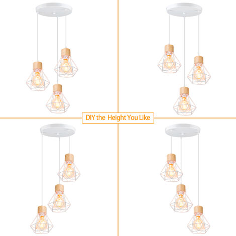 3 Lumières Lustre Suspension Industriel Abat-jour en Forme Diamant Lampe de Plafond Design en Métal et Bois pour Salon Cuisine Chambre Blanc