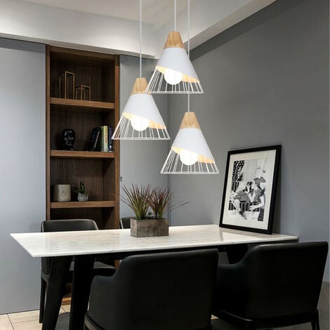 3 Lampes Lustre Suspension Moderne en Forme Badminton Plafonnier en Métal et Bois E27 Luminaire pour Salle à Manger Salon Chambre Blanc