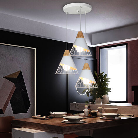 3 Lampes Lustre Suspension Moderne en Forme Badminton Plafonnier en Métal et Bois E27 Luminaire pour Salle à Manger Salon Chambre Blanc