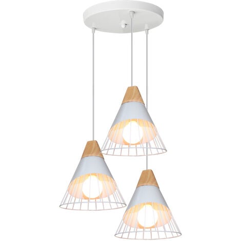 3 Lampes Lustre Suspension Moderne en Forme Badminton Plafonnier en Métal et Bois E27 Luminaire pour Salle à Manger Salon Chambre Blanc
