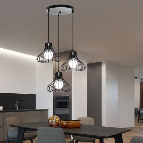 Suspension Luminaire Industrielle 3 Lumieres Retro Lustre Cage Metal E27 40W Noir