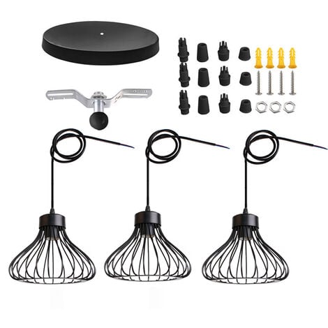 Suspension Luminaire Industrielle 3 Lumieres Retro Lustre Cage Metal E27 40W Noir