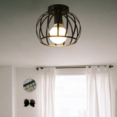 Moderne Plafonnier Industriel Cage Ronde Métal Fer Lustre Suspension E27 40W Noir
