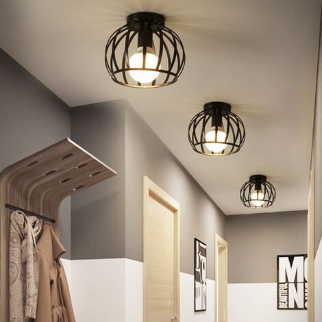 Moderne Plafonnier Industriel Cage Ronde Métal Fer Lustre Suspension E27 40W Noir