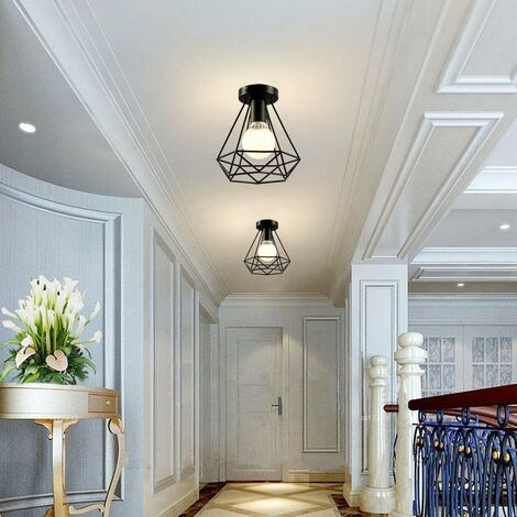 Plafonnier Industrielle Cage Diamant en Métal Fer Rétro lustre Suspension Luminaire E27 Noir
