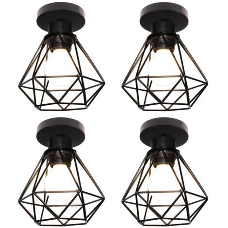 Industrielle Plafonnier Cage Diamant en Métal Lampe de Plafond Luminaire E27 pour Chambre Couloir Salon Noir - 4PCS