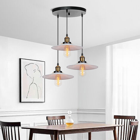 3 Tête Lustre Suspension Fer Abat-jour en Métal Luminaire Vintage Industrielle Blanc et Noir