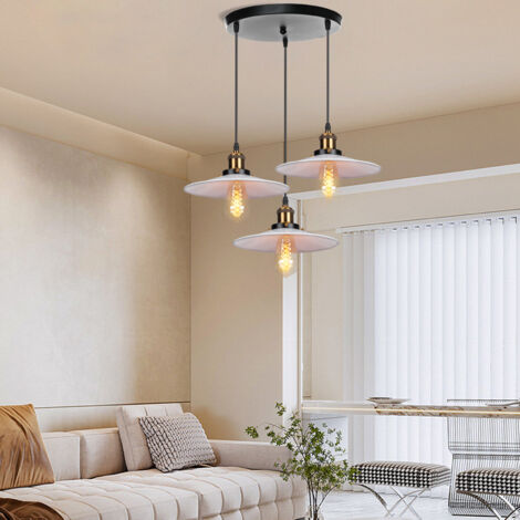 3 Tête Lustre Suspension Fer Abat-jour en Métal Luminaire Vintage Industrielle Blanc et Noir