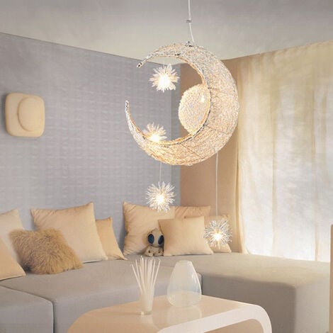 Suspension Lune et Etoile Moderne Luminaire pour Chambre d'enfant LED Lustre Blanc Chaud