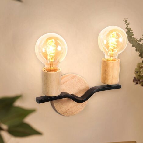 AXHUP Applique Murale Industrielle Vintage 2 Lumières E27 Lampe Murale en Métal Luminaire Rétro pour Chambre Salon Cuisine Noir+Bois