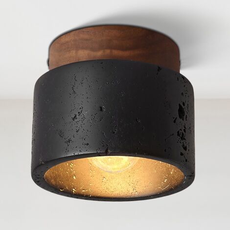 Plafonnier Intérieur 129cm, Lampe de Plafond en Pierre Jaune, Luminaire Moderne pour Salon Couloir Entrée Escalier (Ampoule Chaude Incluse) Rond Noir+Noyer Bois