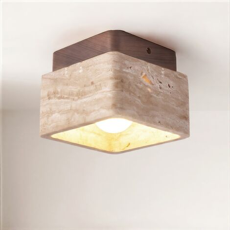 Plafonnier Intérieur 129cm, Lampe de Plafond en Pierre Jaune, Luminaire Moderne pour Salon Couloir Entrée Escalier (Ampoule Chaude Incluse) Carée Jaune+Noyer Bois