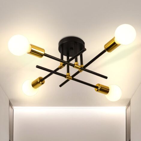 Plafonnier Vintage Noir, Lampe de Plafond Industriel, Lumunaire en Métal E27 Base pour Salon Cuisine Chambre Salon Balcon 4 Lumières