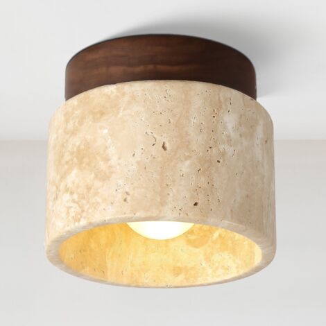 Plafonnier Intérieur 129cm, Lampe de Plafond en Pierre Jaune, Luminaire Moderne pour Salon Couloir Entrée Escalier (Ampoule Chaude Incluse) Rond Jaune+Noyer Bois