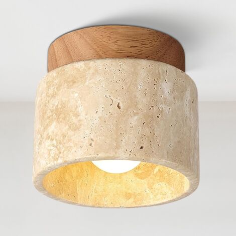 Plafonnier Intérieur 129cm, Lampe de Plafond en Pierre Jaune, Luminaire Moderne pour Salon Couloir Entrée Escalier (Ampoule Chaude Incluse) Rond Jaune+Bois