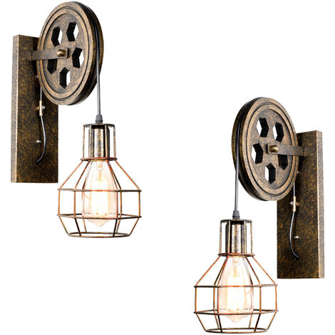 Axhup – Applique murale vintage industrielle en métal et bois – Design rétro avec poulie – Luminaire pour escalier, bar, restaurant – E27 (1/5)