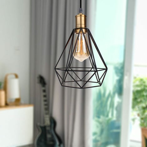 Suspension Luminaire Forme Diamant Vintage Rétro Lustre Industrielle E27 40W Noir 1PCS