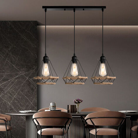 Rétro Vintage Lustre Suspension Industrielle E27 20,5cm Luminaire Corde de Chanvre Noir