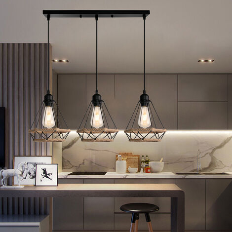 Rétro Vintage Lustre Suspension Industrielle E27 20,5cm Luminaire Corde de Chanvre Noir