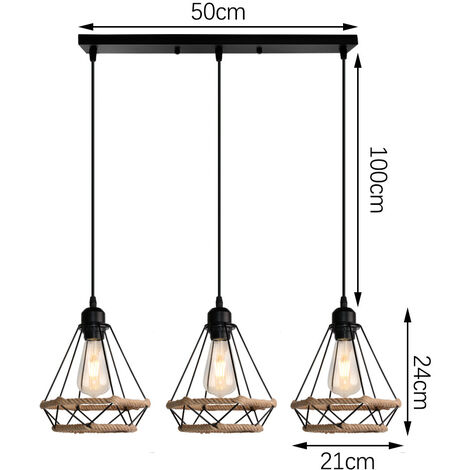 Rétro Vintage Lustre Suspension Industrielle E27 20,5cm Luminaire Corde de Chanvre Noir