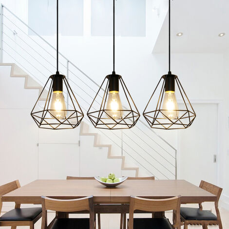 Lampe de Plafond à 3 Flammes Design Industrielle Suspension Lustre Cage Diamant en Métal Noir