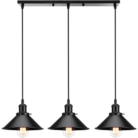 Axhup – Lustre suspension 3 lampes E27 22cm – Corde ajustable – Design industriel noir – Luminaire pour salle à manger et salon