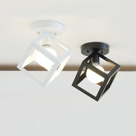 2x Plafonnier Industrielle Cage Cube Carré en Métal Fer Rétro lustre Suspension Luminaire E27 Blanc