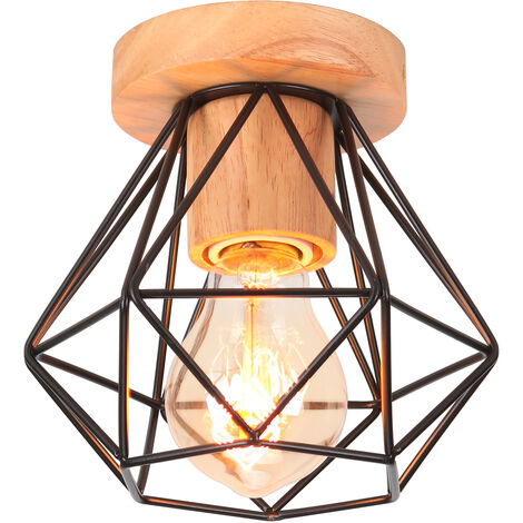Plafonnier Vintage Rétro E27 Lampe de Plafond Cage Diamant en Bois et Fer Noir
