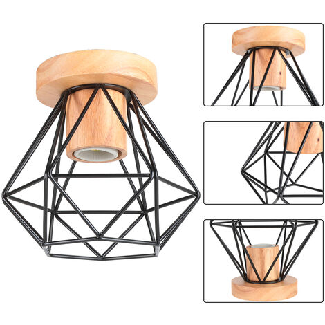 Plafonnier Vintage Rétro E27 Lampe de Plafond Cage Diamant en Bois et Fer Noir