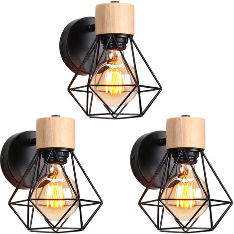 Applique Mural Vintage Industrielle E27 Lampe de Mur Luminaire Ajustable en Métal et Bois Noir - 3PCS