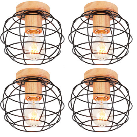 4PCS Plafonnier Vintage Rétro Luminaire Industrielle en Métal et Bois E27 40W Noir (1/5)
