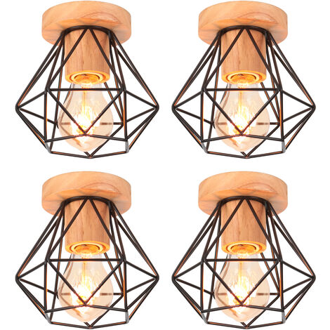 4PCS Plafonnier Vintage Rétro E27 Lampe de Plafond Cage Diamant en Bois et Fer Noir