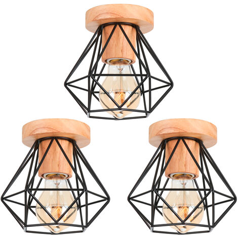 3 Pack Plafonnier Vintage Rétro E27 Lampe de Plafond Cage Diamant en Bois et Fer Noir