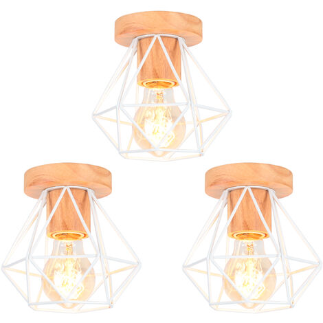 3 Pack Plafonnier Vintage Rétro E27 Lampe de Plafond Cage Diamant en Bois et Fer Blanc (1/5)