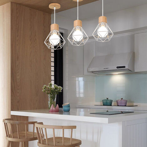 2PCS Lustre Suspension Cage Diamant en Métal E27 Plafonnier Luminaire en Bois Blanc